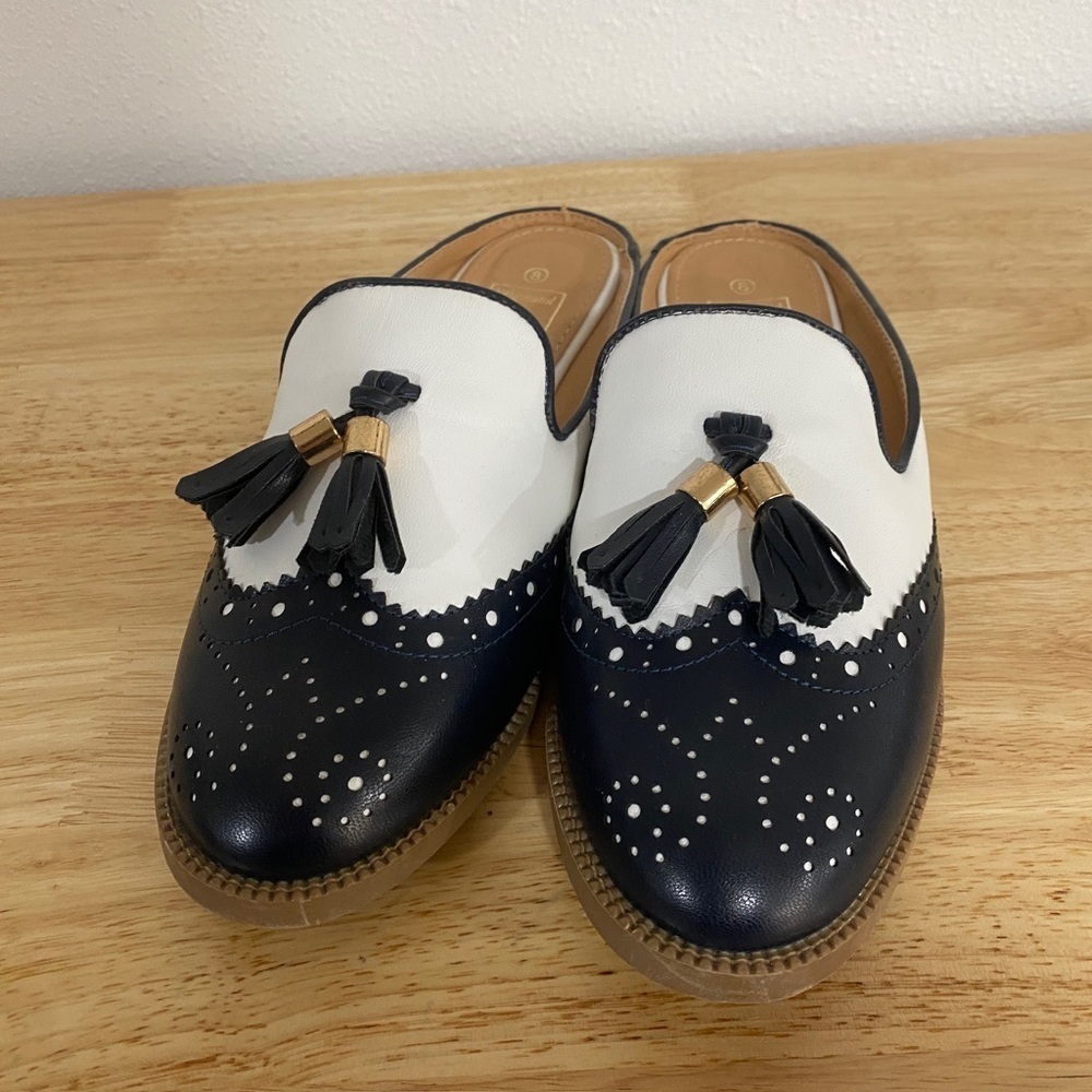 N Demand Retro Slide Flats Brocade Navy White Tassel 8 Vegan Faux Leather